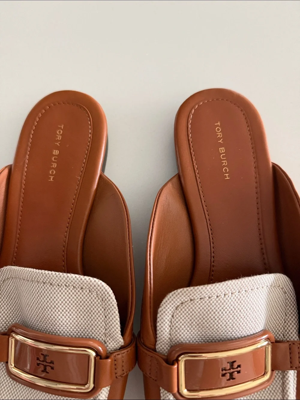 Tory Burch Brown Leather & Cream Canvas Buckle Mules